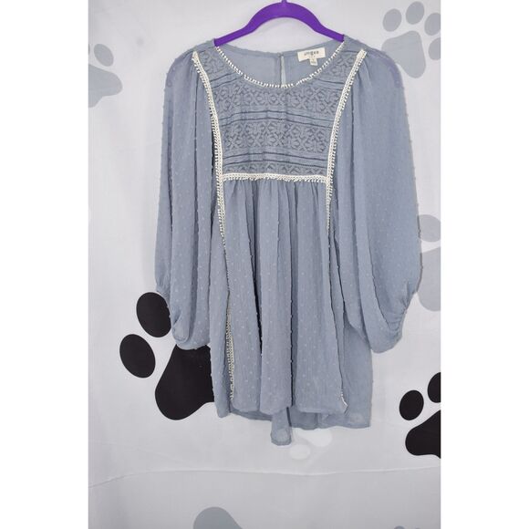 Umgee Tops - Umgee 3/4 Semi Sheer Balloon Sleeve Swiss Dot Lace Bodice Peasant Blouse Blue Sm